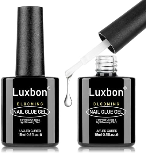 Luxbon 2×15ml Blooming Nail Glue Gel for Press On & Fake Nail Tips | UV/LED Cured Gel Glue Polish. Strongly bonds of press on tips. Blooming effect. Large capacity.Perfect for DIY nail designs.