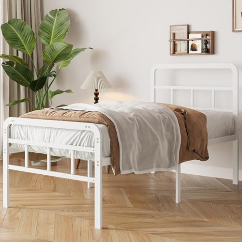 Yicensen Bettrahmen 90x190 cm mit Kopfteil und Fußteil, 46cm Höhe Metallbett Bettgestelle Einzelbett, für Schlafzimmer Gästezimmer, Leichte Montage, Geräuschfrei, Weiß