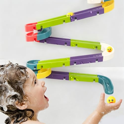 Bath Toys, Kids Bath DIY Track Balls Game, Duck Slide Bath Toy, Wall Track DIY Educational Watermill Bathtub Toys for 3 4 5 6 Year Olds Boys Girls, 36Pcs