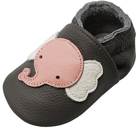 YALION Baby Weiche Leder Lauflernschuhe Krabbelschuhe Hausschuhe Lederpuschen Elefant Dunkelgrau (EU 20/21=M, Dunkelgrau)