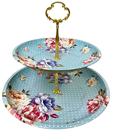 Charmed Kuchen- und Gebäckständer, Vintage-Stil, Blumenmuster, 2 Etagen, Blau