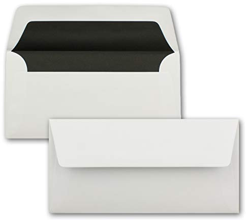 75 Briefumschläge Weiß - DIN Lang - gefüttert mit schwarzem Seidenpapier - 22 x 11 cm - Nassklebung, gerade Klappe - Ideal für Einladungen und Grüße zu Geburtstag und Weihnachten
