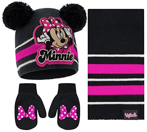 Disney Girls Winter Hat, Minnie Mouse Kids Beanie, Gloves and Scarf Set, Black Mittens-Age 2-4
