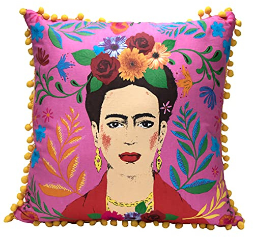 Talking Tables Rosa Frida Kahlo Kissen und Bezug mit Pom Poms | Boho dekoratives Kissen für Wohnkultur, inspirierende Frauengeschenke, Schlafzimmer, Sofa, Stuhl, Large, Null, Boho-Cushion