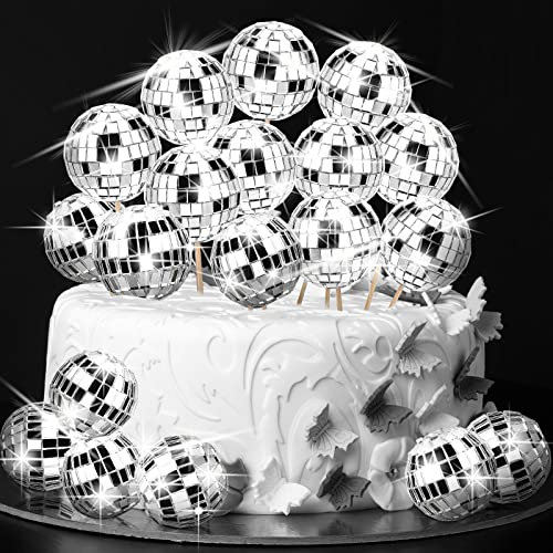 Tessco for You 40 Pcs Mini Disco Ball Cake Toppers Halloween Silver 1.18'' Small Disco Balls Cupcake Picks for Wedding 70s Themed Party Birthday Decor