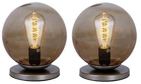 etc-shop Tischleuchte Retro Kugelleuchte Beistelllampe Nachttischleuchte, Glas rauch-braun,1x E27, DxH 20x22,3 cm, 2er Set