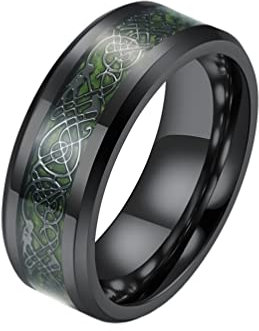 HIJONES Herren Keltischer Drache Schwarzer Ring Aus Wolframcarbid Comfort Fit Ehering Grün Größe 68