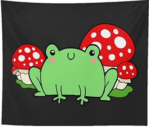 DYRLHZ Grüner Frosch Tapisserie Pilz Wandteppich Lustiger grüner Frosch auf einem schlichten schwarzen Hintergrund für Teenager-Schlafzimmer Ästhetische Wanddekoration (129,5 x 149,9 cm)