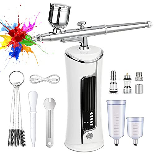 Handheld Airbrush, Rechargeable Mini Paint Spray Gun with Air Compressor and Accessories, Professional Air Compressor Spray Gun Nail Art, Cake, Make up, Tattoo, Face Paint and Model Painting (White)