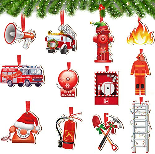 12 Stück Weihnachts-Feuerwehrauto, Weihnachtsbaumschmuck, Vintage-Feuerwehrauto, Dekoration, Feuerwehrmann, Dekoration, Weihnachtsschmuck, dekorative hängende Ornamente für Weihnachten, Zuhause