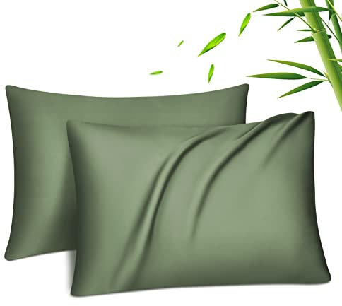 Fittia Ensemble de taies d’Oreiller en Tissu 100% Bambou Lyocell comme de la Soie Naturelle en Couleur Vert avec la Taille 50x70cm