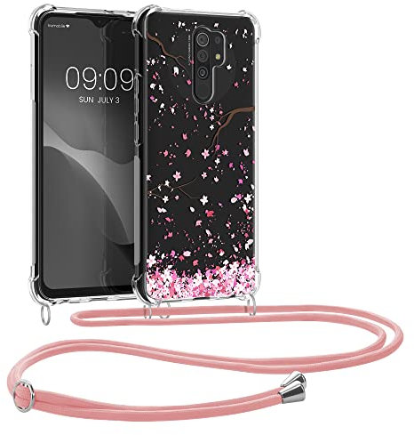 kwmobile Custodia Compatibile con Xiaomi Redmi 9 Cover - Back Case in Silicone TPU - Protezione Smartphone con Cordino - rosa/marrone scuro/trasparente