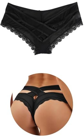 ohmydear String Sexy Tanga Femme Sexy Chic Dentelle String Culottes Slips Femmes Croisées Creux Out Entrejambe en Coton XL-2XL Transparent Panties Strings et Tangas sous-Vêtements Culottes