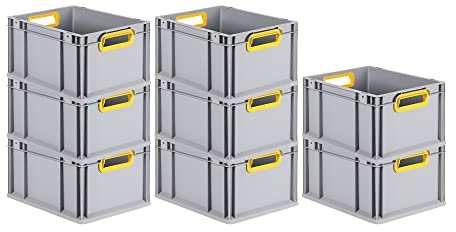PROREGAL SuperSparSet 8x Eurobox NextGen Color | HxBxT 22x30x40cm | 20 Liter | Griffe gelb offen | Glatter Boden | Eurobehälter, Transportbox, Transportbehälter, Stapelbehälter
