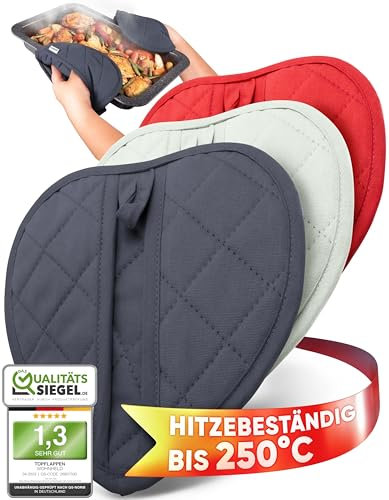 WOHNHELD Premium Topflappen Set - Waschbar & Extrem hitzebeständig bis 250 °C - Praktische Greif-Taschen & weiche Baumwolle - Ofenhandschuhe Topfuntersetzer - 20cm Grau Herz