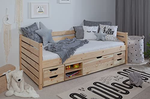 TiCAA Einzelbett Sofabett Funktionsbett, Naomi mit Schubkasten für Schlafzimmer, Kinderzimmer Kiefer Massivholz Bettgestell 90 x 200 cm