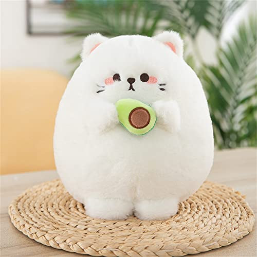 Hava Kolari Kawaii Plüschtier Katze, Flauschiges Stofftier Kuscheltier, Katze mit Avocado, Plüschkissen Spielzeug Geschenk für Kinder Mädchen Jungen (Weiß,25 cm)