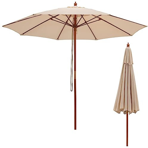 COSTWAY Sonnenschirm 260 cm, Gartenschirm Holz, Marktschirm Terrassenschirm für Garten, Terrasse, Beige