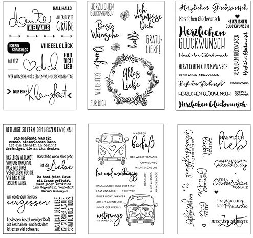 Funnytek Silikonstempel Sprüche Deutsch Set, 6 Blätter Vintage Geburtstag Stempel, Clear Stamps Glückwünsche, Silikonstempel Deutsche Texte für Bullet Journal Scrapbooking,Tiere und Blumen Stempelset