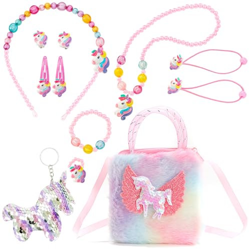 DKDDSSS 12 Pièces Sac Licorne avec Bijoux, Licorne Sac a Main, Bijoux Collier Bracelet d'oreilles Clips Bague Pinces à Cheveux Parure, Princesse Parure Jeu d'habillage Accessoire