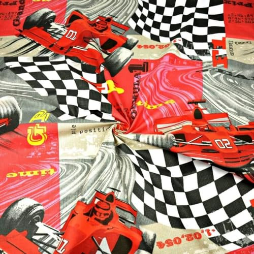 Textrend Baumwollstoff Meterware - Stoff zum Nähen - 100% Baumwolle - Textilien 1x1.6m - Kinderstoffe - Fahrzeuge (F1 rote GP-Wagen)