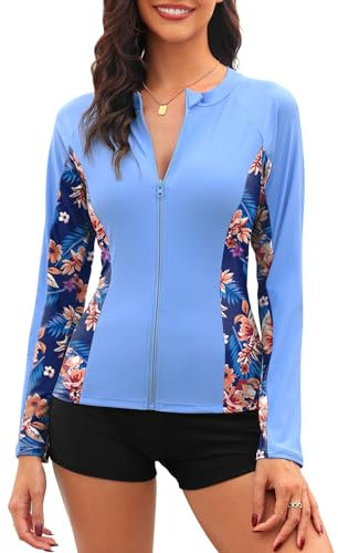 Tuopuda Rashguard Donna Maglia Anti UV Rash Stampa Costume da Bagno Copricostume Vest Guard Shirt Surf Abbigliamento Sportiv Zipper Beachwear per Mare Spiaggia Piscina Vacanza, Blu, L