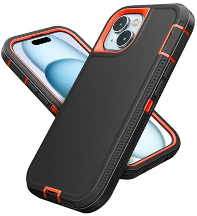 Jelanry Case for iPhone 15 Plus 5G, Heavy Duty Rugged Dual-Layer Protection Phone Case & C Port Anti-dust Scratch Shockproof Matte Armor Back Cover for Apple iPhone 14 Plus/15 Plus 6.7, Black/Orange