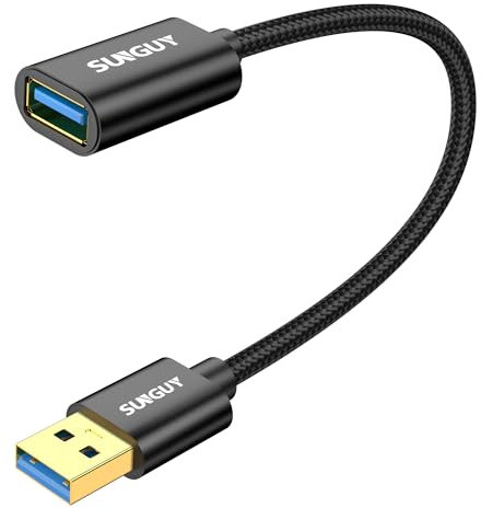 SUNGUY Cable Alargador USB 3.0, 0,3 m Cable de Extensión USB A Macho a Hembra Ultrarrápido de 5 Gbps para Lectores de Tarjetas, Teclados, Impresoras, Escáneres, Cámaras-Negro