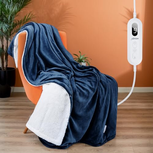 Olycism Heizdecke mit Abschaltautomatik 160x130cm Wärmedecke Heizdecke 9 Wärmestufen Bis zu 10 Stunden Auto-Off-Timer LED-Anzeige Elektrische Waschbar für Sofa Bett Office Geschenk Marineblau