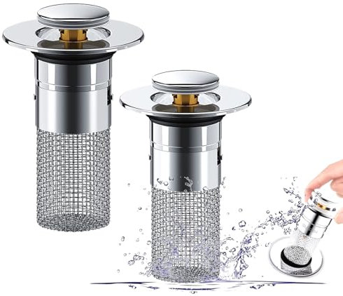 Tapón de desagüe con colador, 32-40 mm, con colador, válvula de drenaje emergente con colador, colador de desagüe para fregadero de cocina (2 x 2 unidades, color blanco plateado)