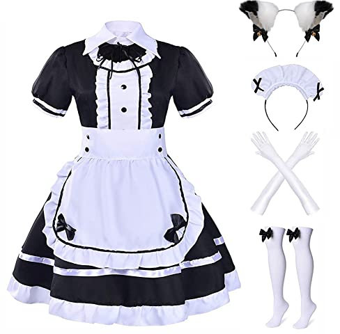 Harsever Women's Maid Cosplay Set - French Maid Fancy Dress with Gloves, Socks, Headwear - Halloween Costume for Girl (XL)