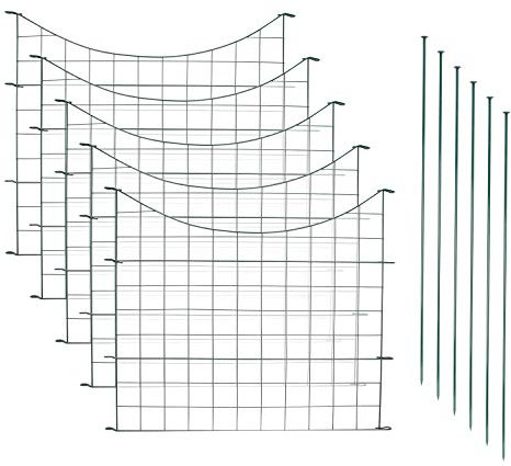 ISOISL Teichzaun Steckzaun Gartenzaun Metall Zaunelemente – 5 Stück U-förmiger Zaun mit 6 Befestigungsstäben für Garten, Teich und Hundegehege (Grün, Unterbogen)