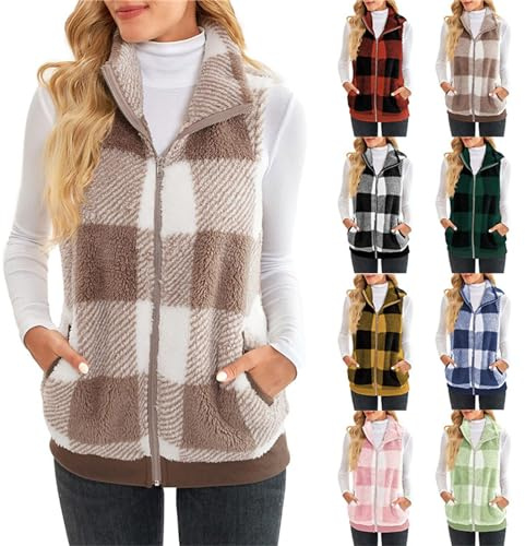 Gilet lungo da donna, senza maniche, in pile, lungo, nero, a quadretti, caldo, senza maniche, in pile, per le mezze stagioni, per le donne, Nero , s