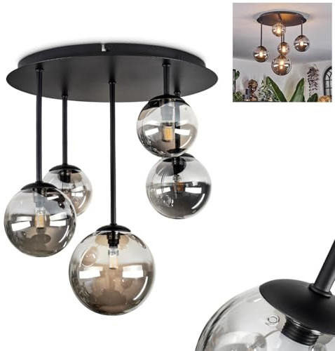 HOFSTEIN Deckenleuchte Chehalis, 5-flammige Deckenlampe aus Metall/Glas in Schwarz/Rauchfarben, Leuchte im Retro/Vintage-Design (Schirme Ø 10;12;15 cm), G9, Esszimmer, Wohnzimmer, Schlafzimmer, Küche