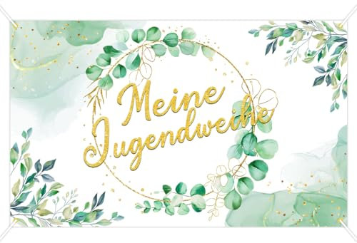 Jugendweihe Banner 180x110cm, Jugendweihe Deko, Meine Jugendweihe Banner, Junge Mädchen Konfirmation Hängedeko mit Schnur für Jugendweihe Party (Grün Gold, Blattmuster)