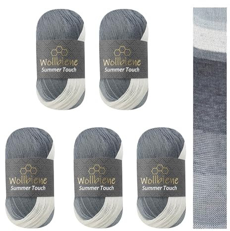 Wollbiene Summer Touch Batik 5 x 100 Gramm Wolle Mehrfarbig mit Farbverlauf, 500 Gramm merzerisierte Strickwolle Microfiber-Acryl (520 schwarz grau weiß)