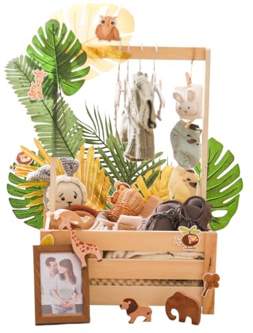 OESSUF Wooden Crate Baby Shower Basket, Baby Hamper with Adjustable Handle, Storage Crate, Clothes Hanger, Gift Wraping Basket for Newborns, Pregnancy Gifts (Leaf Jungle Animals)