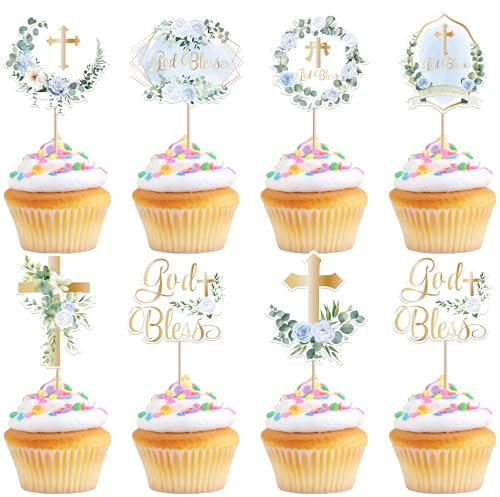 Xsstarmi 35 Pack God Bless Cupcake Toppers Cross Blue Wreath Cupcake Picks for Christian Baptism Baby Shower Boys First Communion Party Cake Decorations Supplies