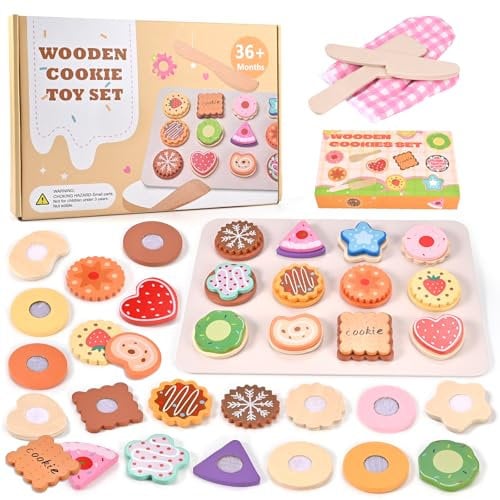 Wooderma Kinderküche Spielküche Zubehör aus Holz, Küchenspielzeug für Kinder, Küchenzubehör Plätzchen Cookie Set, Lebensmittel Holz mit Klett-Verbindung, Lernspielzeug Rollenspiele Geschenk