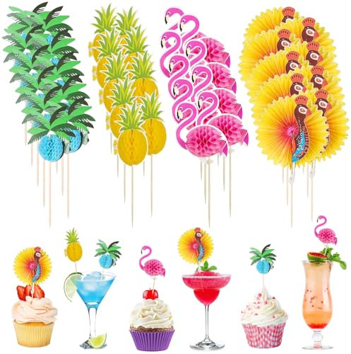 YEAMLTE Cocktail Deko, 100 PCS Cocktailspieße, Cocktail Deko Hawaii, Cocktailspieße Flamingo, Cocktail Spieße Sommer mit 3D Flamingo, Ananas, Pfau, Kokosnussbaum für Strandpartys, Sommergeburtstage