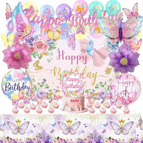 Schmetterling geburtstag deko, 47 Stück geburtstag deko mädchen set, Enthäl schmetterling ballon, Banner，Schmetterlinge Hanging Swirl Luftschlangen, Tortendeko,Tischdecke, Hintergrundtuch