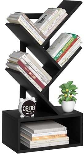 SHEEPAM Kleines Baum-Bücherregal, 5 Etagen, schwarzes Baum-Bücherregal, modernes Schreibtisch-Bücherregal, bodenstehender Organizer, Bücherregale für Wohnzimmer, Schlafzimmer, Büro