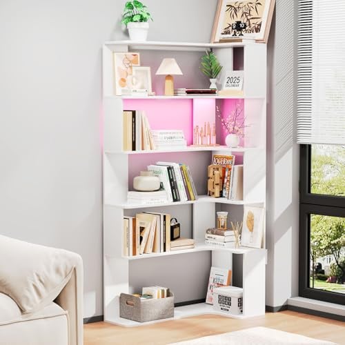 Ztexkee Eck-Bücherregal mit LED Lichtleiste 5 Ebenen-Ecke Bücherregal L-Form Lagerregal 169cm Großes Eckregal Ecklagerregal für Schlafzimmer, Wohnzimmer, Küche, Home Office Weiß