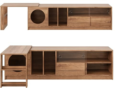 ECLIVON TV-Schrank Haustierfreundlich 2er-Set, Fernsehtisch 180 cm lang für Fernseher von 55 bis 65 Zoll, Lowboard TV Board + Couchtisch mit Katzenlöchern, für Wohnzimmer Schlafzimmer, Walnut