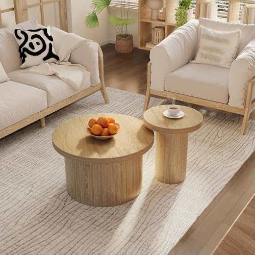 Jiasheng Modernes Couchtisch Set rund 2 teilig Beistelltisch mit Holzlatten Naturholzoptik Stapelbare Sofatische für Wohnzimmer Multifunktionaler Wohnzimmertisch 66x40 cm und 40x46 cm MDF