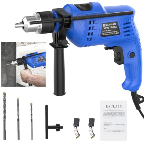 Electric Corded Impact Drill 850W Hammer Drill Variable Speed, 2 in 1 Function Rotary Hammer Drill, Adjustable Handle, Drill Bits, Depth Gauge Included, for Home, Garden, DIY
