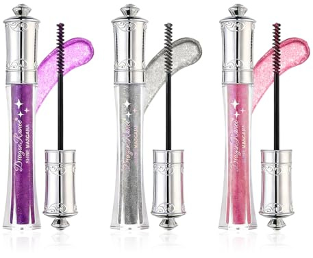 3 Farben Glitzer Mascara für Wimpern, Glitzer Wimperntusche, Wasserfest, Langanhaltend Glanz, Schimmer-Wimpern-Make-up für Party & Feiertage (Silber, Lila, Rosa)