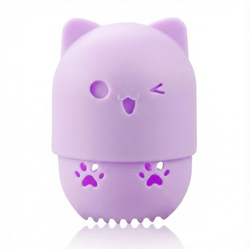 Hopzab Makeup Sponge with Silicone Travel Case, Cat-Shaped Beauty Blender Holder, Washable & Reusable Cosmetic Container, Drying Rack for Beauty Sponge, Portable Holder for Home & Travel(Purple)