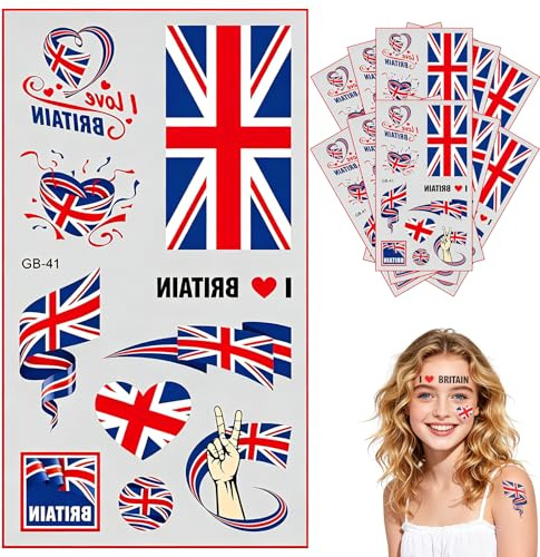 10 Sheets Union Jack Flag Temporary Tattoo for World Cup Football 2026 Decoration,Great Britain British Flag Tattoo Transfer Stickers UK Patriotic Tattoos for National Day Union Jack Party Decorations