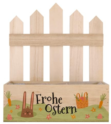 Herz & Heim® Oster Pflanzkorb aus Holz „Frohe Ostern“ – Dekorativer Geschenkkorb & Pflanzkiste – Oster Geschenkbox für Blumen & Osterkörbchen – 3 Varianten (Zaun (23 × 27 × 10,5 cm))